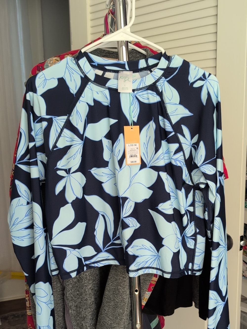 Kona Sol Navy with Light Blue Leaf-Print Long Sleeve Top